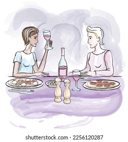 Vector illustration drawing lesbian couple eating pizza