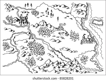 Vector Illustration Drawing Of A Map Of A Fantasy Land Showing Rivers, Mountain Range,trees,forest,monastery,castles,road,sea,coast,land On White Background