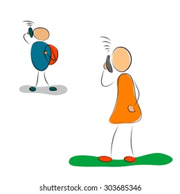Vector illustration. Drawing mother and son talking on the phone together