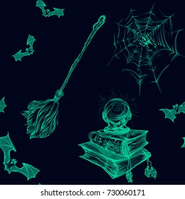 Vector illustration of a drawing on a graphic tablet. Hand drawing. Seamless wallpaper for Halloween.