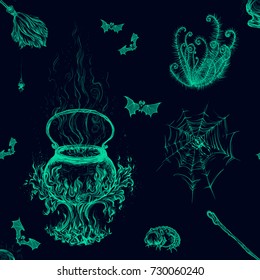 Vector illustration of a drawing on a graphic tablet. Hand drawing. Seamless wallpaper for Halloween.