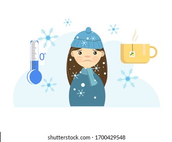  Ilustración vectorial. Dibujando el tema del frío, el invierno, la helada. Ilustración de estilo plano. Chica vestida de invierno con un fondo azul con copos de nieve, un termómetro y té caliente