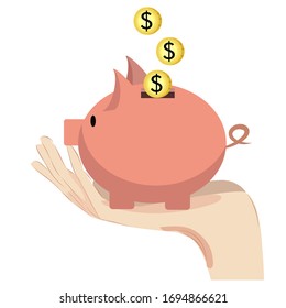 Vector illustration. Drawing on the topic of accumulation, deposit, banks. Piggy bank in pink color on a female hand with coins in dollars.