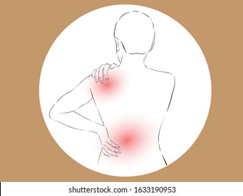 vector illustration drawing outline with body of woman with back pain, lumbar spine and waist, shoulder pain and use hand massage to relief.