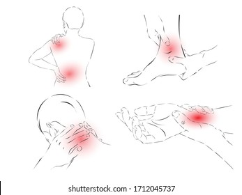 vector illustration drawing outline logo symbol set with aches and pain on body of person and use hand massage to relief. Medical healthcare concept.