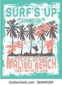 Vector illustration drawing. pacific surf wave.  surf print vector set,wave illustration. Malibu Beach Surf  vector print and varsity. For t-shirt or other uses in vector.T shirt graphic