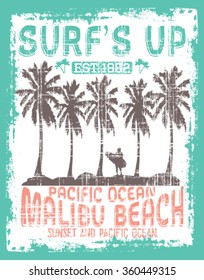 Vector illustration drawing. pacific surf wave.  surf print vector set,wave illustration. Malibu Beach Surf  vector print and varsity. For t-shirt or other uses in vector.T shirt graphic