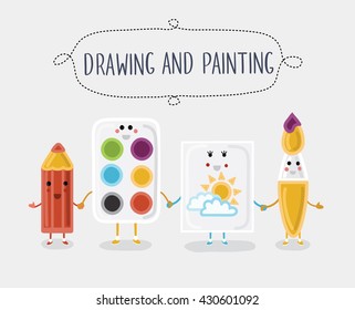 Vector illustration of drawing and painting materials. Cartoon characters with smiling faces