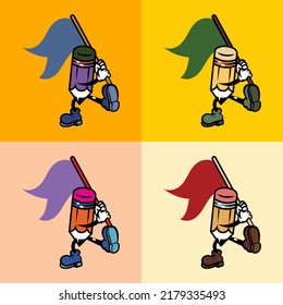 vector illustration drawing of a pencil cartoon character carrying a flag looks vibrant, perfect for back-to-school logos, icons, stickers and advertisements