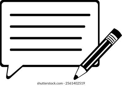 vector illustration drawing pencil icon writing message in speech bubble, sketch draw in black and white color