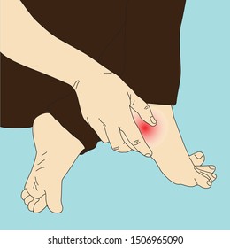 vector illustration drawing of people with foot and heel pain, sketch of human leg, health and illness medical concept isolated on blue background.