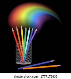 Vector illustration for drawing rainbow and colored pencils in a glass stationery set emblem or logo