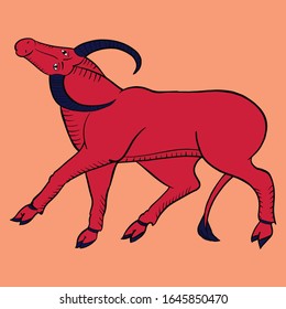 Vector illustration drawing, red buffalo Asia tradition style in black lines and orange background for cover book, poster, logo, icon and others.