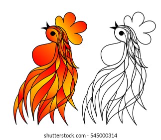 Vector illustration drawing red rooster cock. Drawing lines cock