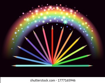 Vector illustration for drawing set rainbow shining and colored pencils emblem or logo
