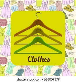 Vector illustration of drawing Set Summer clothes for women with hanger. Natural, trendy color. Girl vacation for Sale and retail. Special offer. Isolated doodle objects.