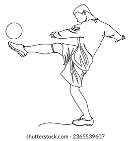 A vector illustration drawing showing the moment when a football player plays with a football ball. Continuous line drawn illustration. on isolated white background.