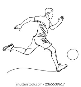 A vector illustration drawing showing the moment when a football player plays with a football ball. Continuous line drawn illustration. on isolated white background.