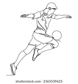 A vector illustration drawing showing the moment when a football player plays with a football ball. Continuous line drawn illustration. on isolated white background.