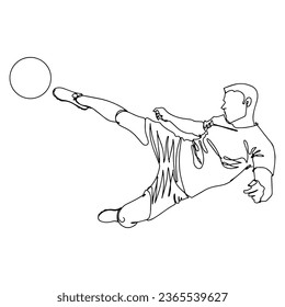 A vector illustration drawing showing the moment when a football player plays with a football ball. Continuous line drawn illustration. on isolated white background.