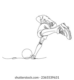 A vector illustration drawing showing the moment when a football player plays with a football ball. Continuous line drawn illustration. on isolated white background.