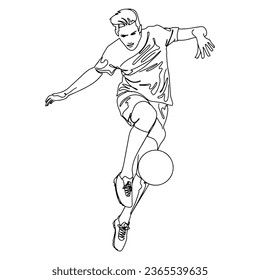 A vector illustration drawing showing the moment when a football player plays with a football ball. Continuous line drawn illustration. on isolated white background.