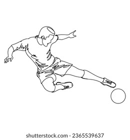 A vector illustration drawing showing the moment when a football player plays with a football ball. Continuous line drawn illustration. on isolated white background.