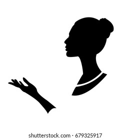 Vector illustration. Drawing silhouette profile of a young lady and a graceful woman's hand.