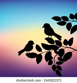 Vector illustration drawing silhouettes of birds sitting on a tree on the background of sunset at dusk