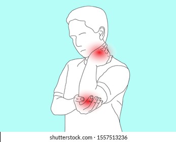 Vector illustration drawing sketch cartoon of people with pain in muscles of neck, shoulder, arm and elbow, Symptoms suffering from body ache.