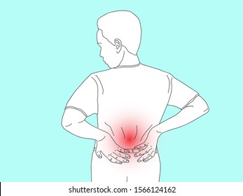 Vector illustration drawing sketch cartoon of man with back and waist pain, diseases of muscular inflammation.