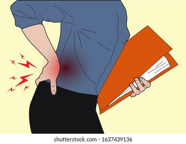 Vector Illustration Drawing Sketch Cartoon Of Young Woman With Backache And Body Ache And Sore Muscle Waist, Back Pain From Office Syndrome Or Osteoporosis.