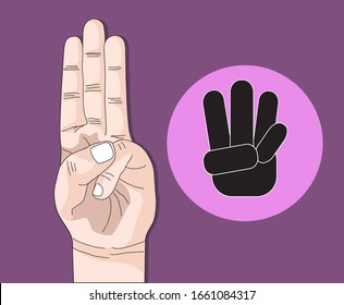 Vector illustration drawing sketch cartoon logo icon with 3 finger, or lift up hand showing three fingers symbol.