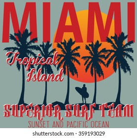 Vector illustration drawing. summer tropical heat print. surf print vector set,wave illustration. Miami Surf  vector print and varsity. For t-shirt or other uses in vector.T shirt graphic