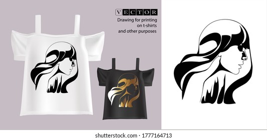Vector illustration of a drawing for a summer t-shirt. Isolated image of a portrait of a girl.