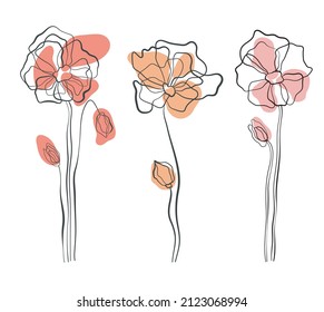 dibujo de ilustraciones vectoriales de flores, dibujo de mano alzada de una línea, conjunto de flores en gráficos vectoriales, motivos naturales de primavera y verano, diseño simple y conciso de la naturaleza