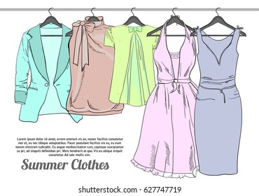 Vector Illustration Of Drawing Summer Woman Clothes On Hangers. Natural, Trendy Color. Coordination For Girl. Isolated Doodle Objects. Template Brochure