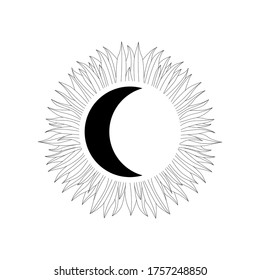 Vector illustration. Drawing of the sun. Alchemy. Sun. A big bright star. The solar system in the galaxy. Black background, gold print.Religion, a mystical symbol.