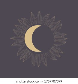 Ilustración vectorial. Dibujo del sol. Alquimia. Sol, una gran estrella brillante. El sistema solar en la galaxia. Fondo negro, huella dorada. La religión, un símbolo místico.