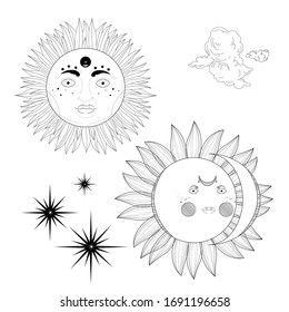 Vector illustration. Drawing of the sun and moon. Signs.