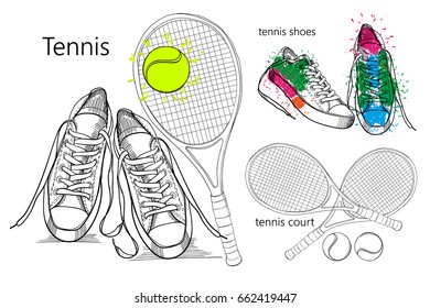 Vector Illustration Of Drawing  Tennis Set Of Isolated Objects Sneakers With Tennis Racquet And Ball, Tennis Court. Hand Drawn And Doodle Footwear For Logo.