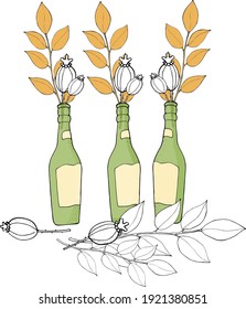 vector illustration drawing of three green bottles with bouquets of poppy boxes with a branch,doddle