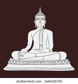 Vector illustration drawing, White Buddha statue in black lines with dark brown background and Asia isolate buddha image style.