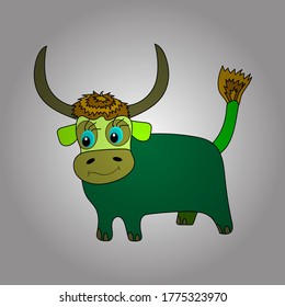 Vector illustration. Drawing in white, green and yellow colors. Year of cow xin chou year. Happy Chinese New 2021 of the ox. Chinese Zodiac Sign Year of Ox, paper cut ox.