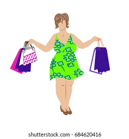 Vector illustration of a drawing of a young full-length woman with shopping ?olor  silhouette of a flat design