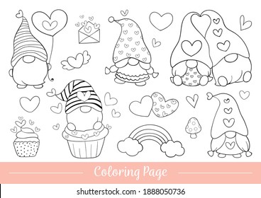 Vector illustration Drawings. Coloring page of gnomes for Valentine Day. Cartoon style doodles.