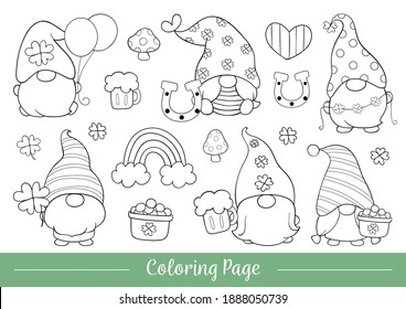 Vector illustration Drawings. Coloring page of cute gnomes for St Patrick's Day. Cartoon style doodle