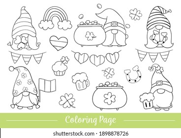 Vector illustration Drawings. Coloring page of cute gnomes for St Patrick's Day. doodle cartoon style doodle.