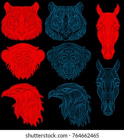 A vector illustration of drawings of the heads of a tiger monkey eagle and a horse in a liner form