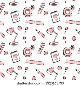 Vector illustration with drawings of objects for creative work of the home drawn in pink color on a white. Black stroked images pattern seamless art